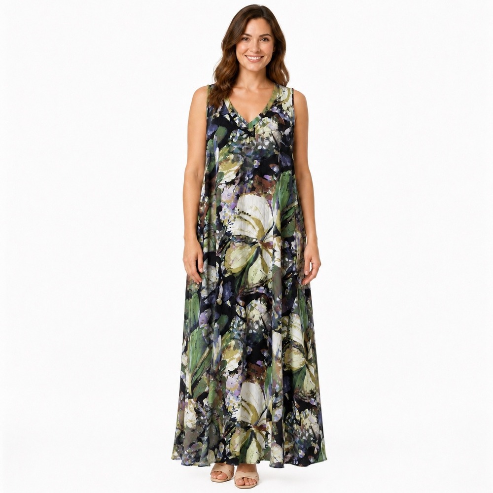 Attitudes by Renee 1XP Maxi Dress Abstract Floral Sleeveless V Neck Bohemian